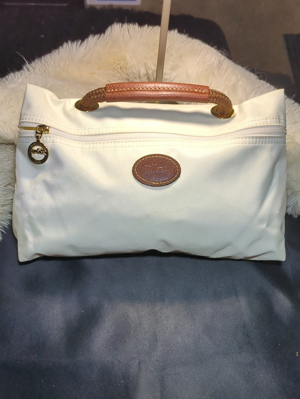 Longchamp Cream Nylon Le Pilage Cosmetic Pouchw/Brown Leather Handle &Trim $100